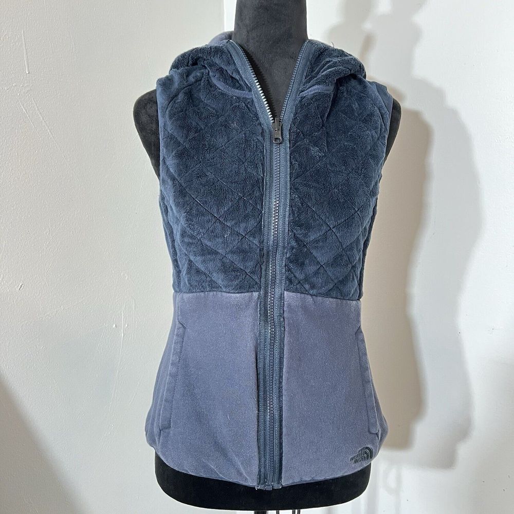 The North Face Reversible Hooded Vest Navy Blue Quilted Faux Fur Fleece Small